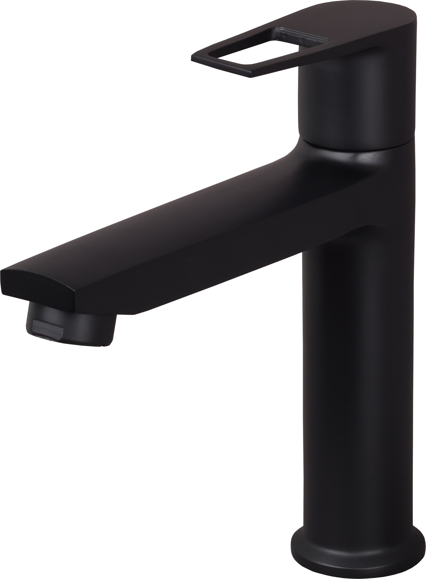 Chrome faucet with curved spout and lever handle. Mounted on a wall.