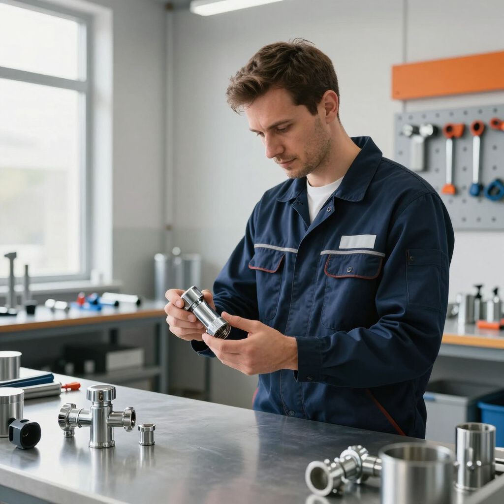 Mechanic in blue jumpsuit examining metal parts at a workbench in a workshop.