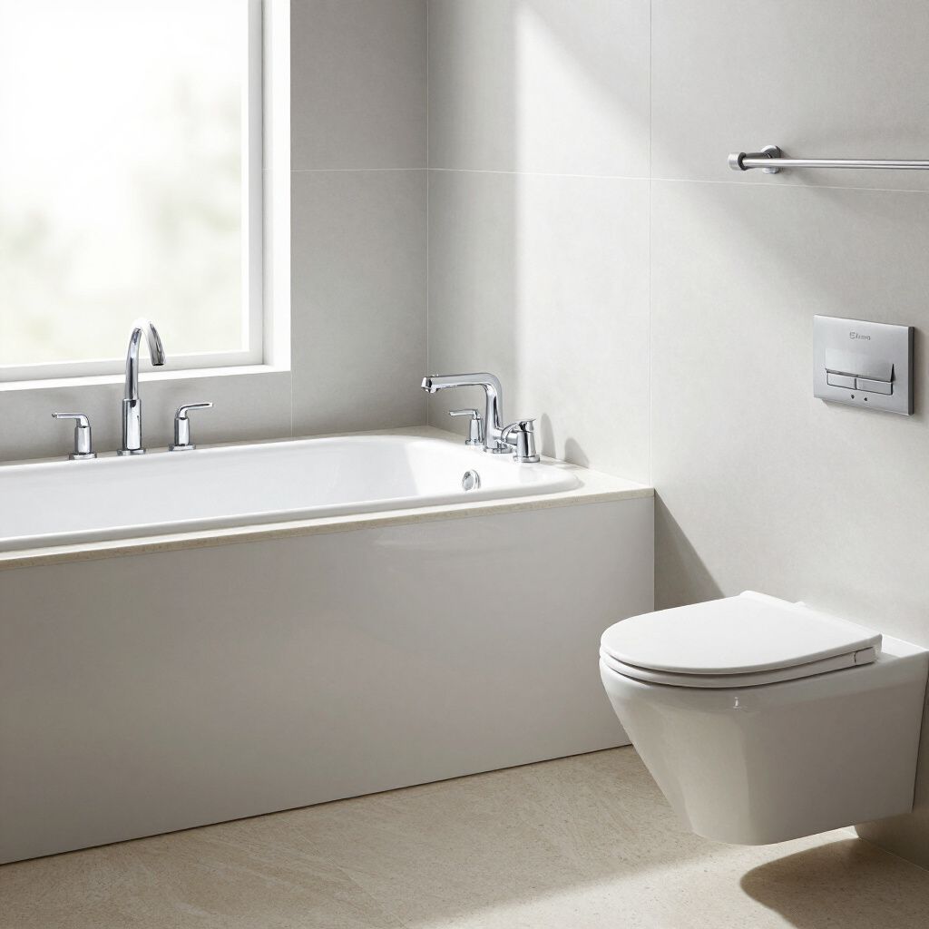 Modern white bathroom with a bathtub, toilet, and chrome fixtures.