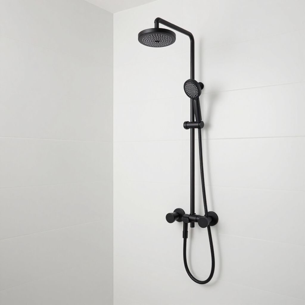 Black shower fixture on white tiled wall.