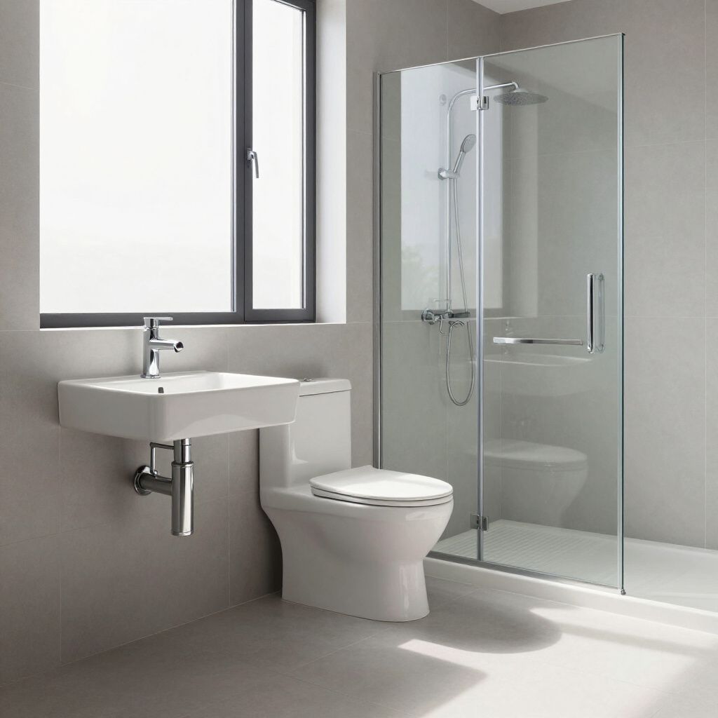 Modern bathroom with a glass shower, toilet, and a wall-mounted sink by a window.