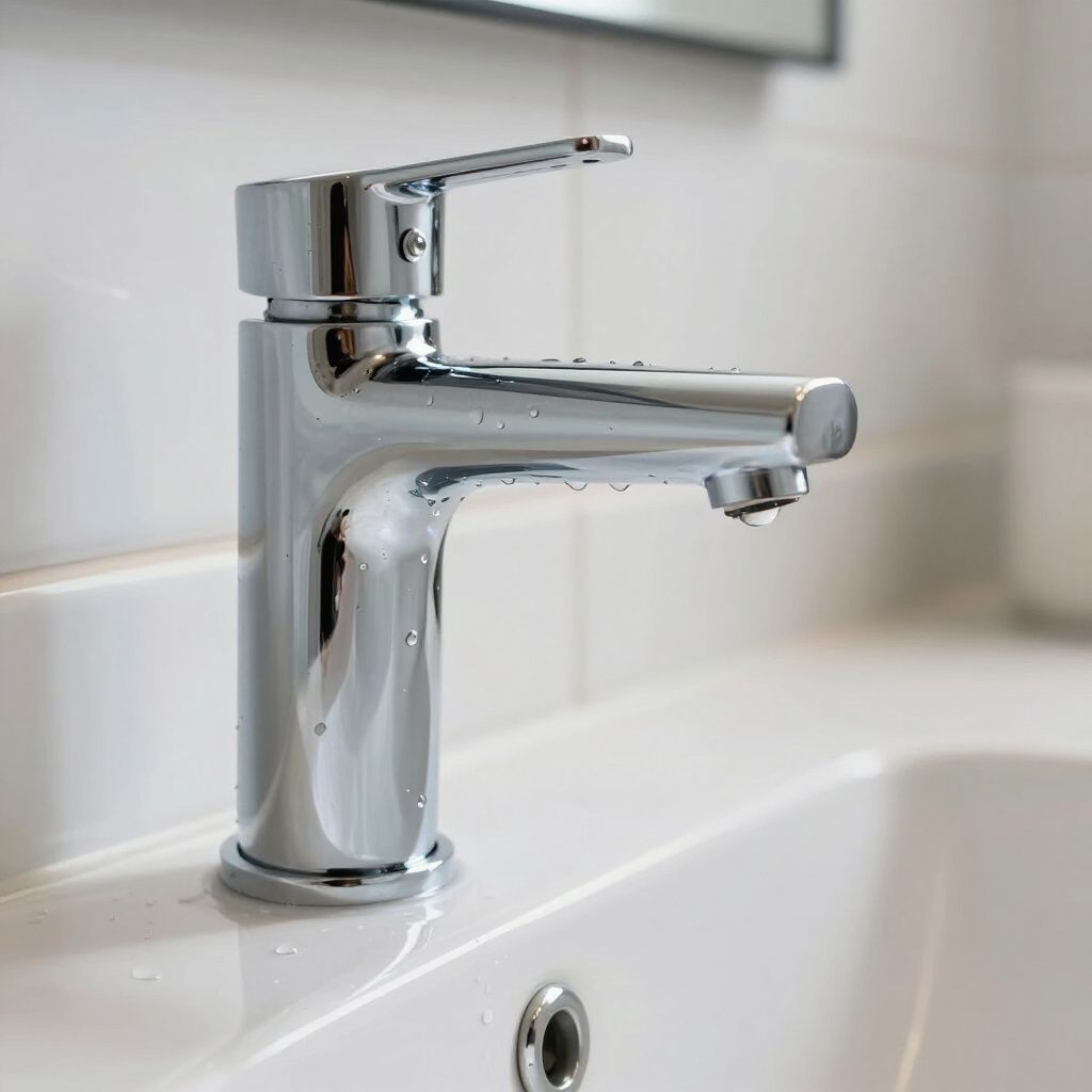 Shiny, chrome bathroom faucet on a white sink with a water drop at the end of the spout, white-tiled background.