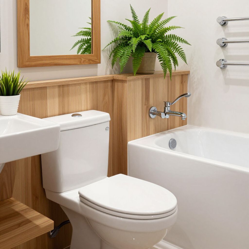 Bathroom with wood paneling, a toilet, sink, tub, and potted ferns.