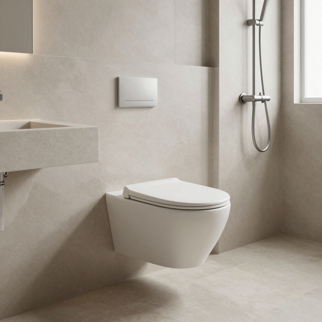 Wall-mounted toilet in a beige-toned bathroom, with a flush panel above. A showerhead is in the background.