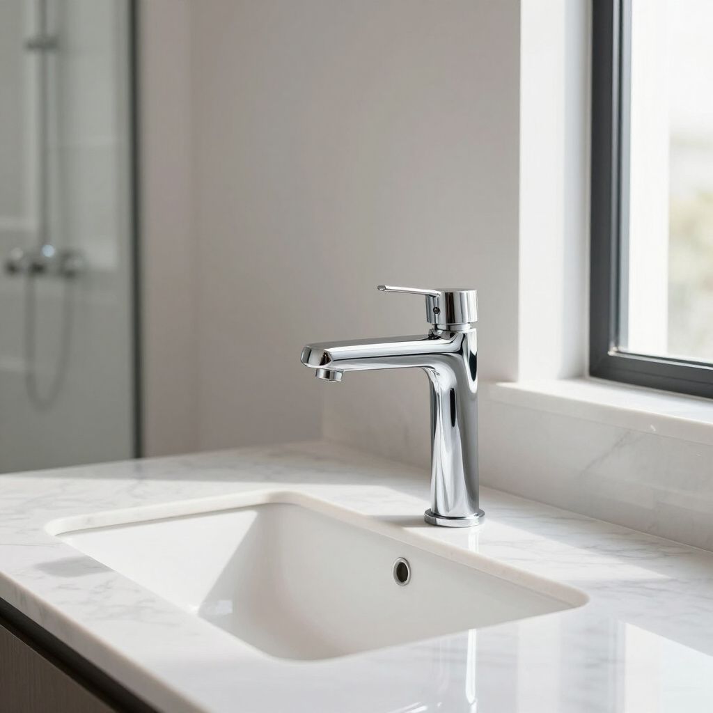 Chrome faucet and white sink on marble countertop, next to window.