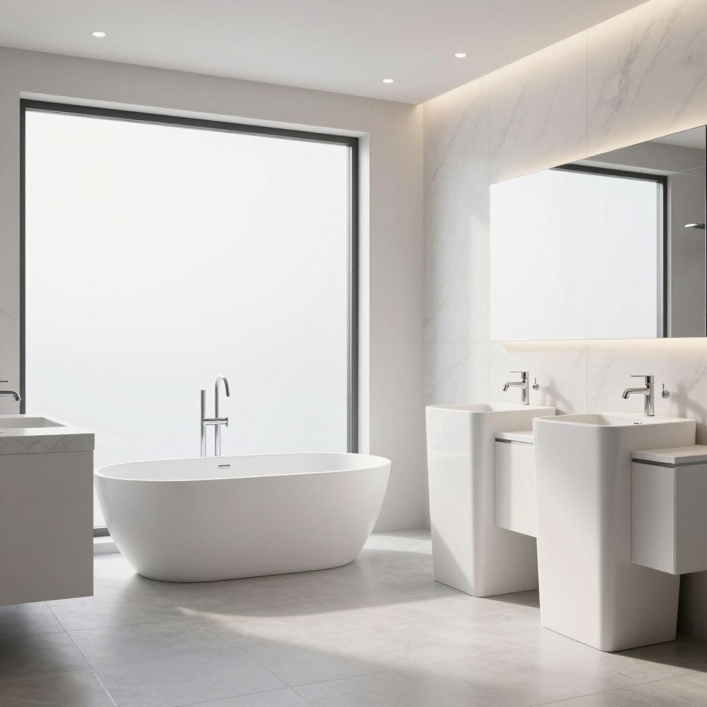Modern white bathroom with a tub, two sinks, large window, and a mirror.