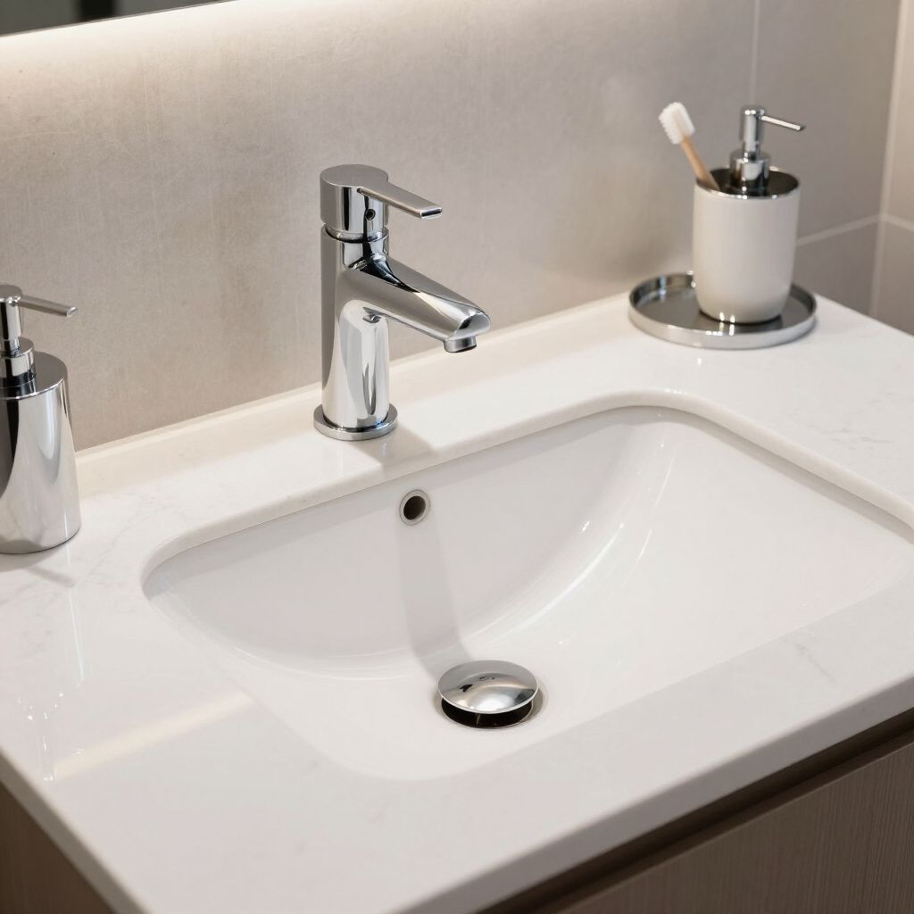 White bathroom sink with chrome faucet, soap dispenser, toothbrush holder.