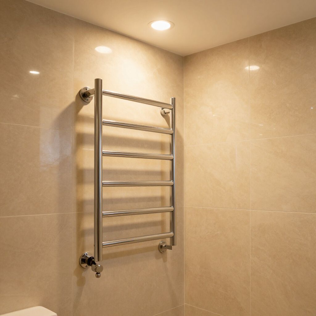 Towel warmer on a beige tiled wall, under recessed lighting.