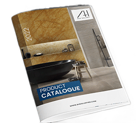 Product catalogue for 2022, featuring bathroom design with a black tub and neutral-toned wall.