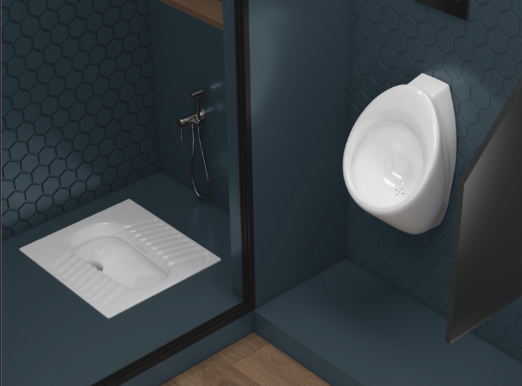 A bathroom with a urinal and a squat toilet; blue tiled walls, modern design.