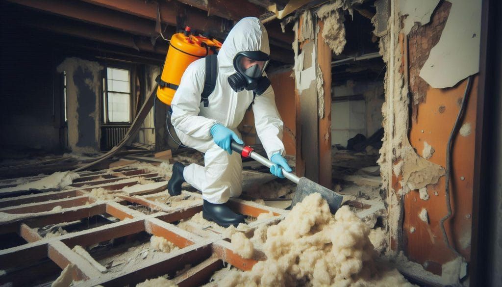 A man in a protective suit is cleaning the floor of a building with potential asbestos.