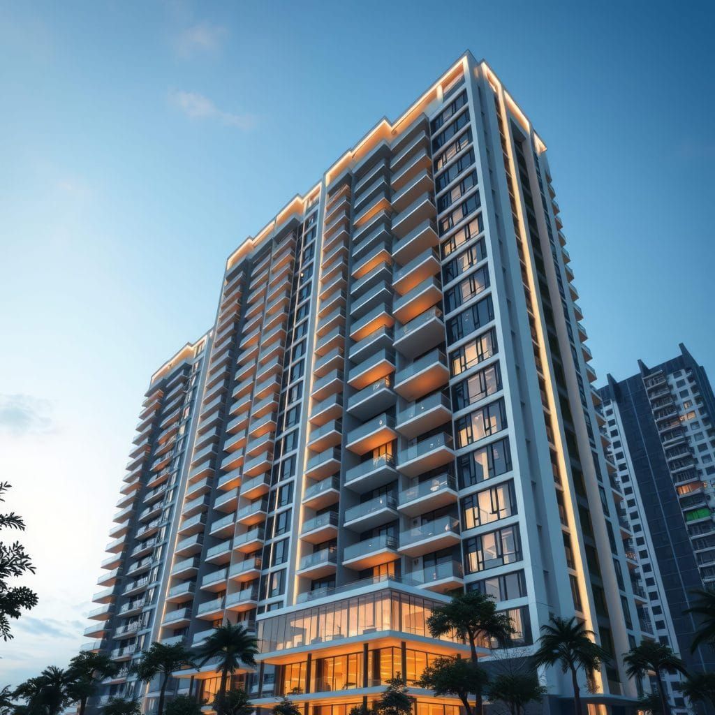 A tall commercial building with a lot of windows and balconies