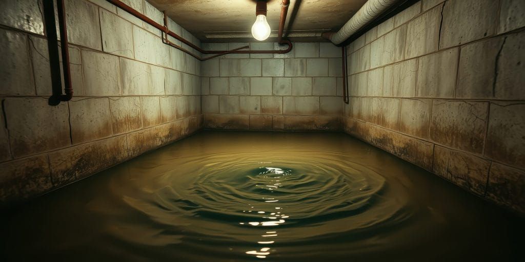 A flooded basement with a light bulb hanging from the ceiling.