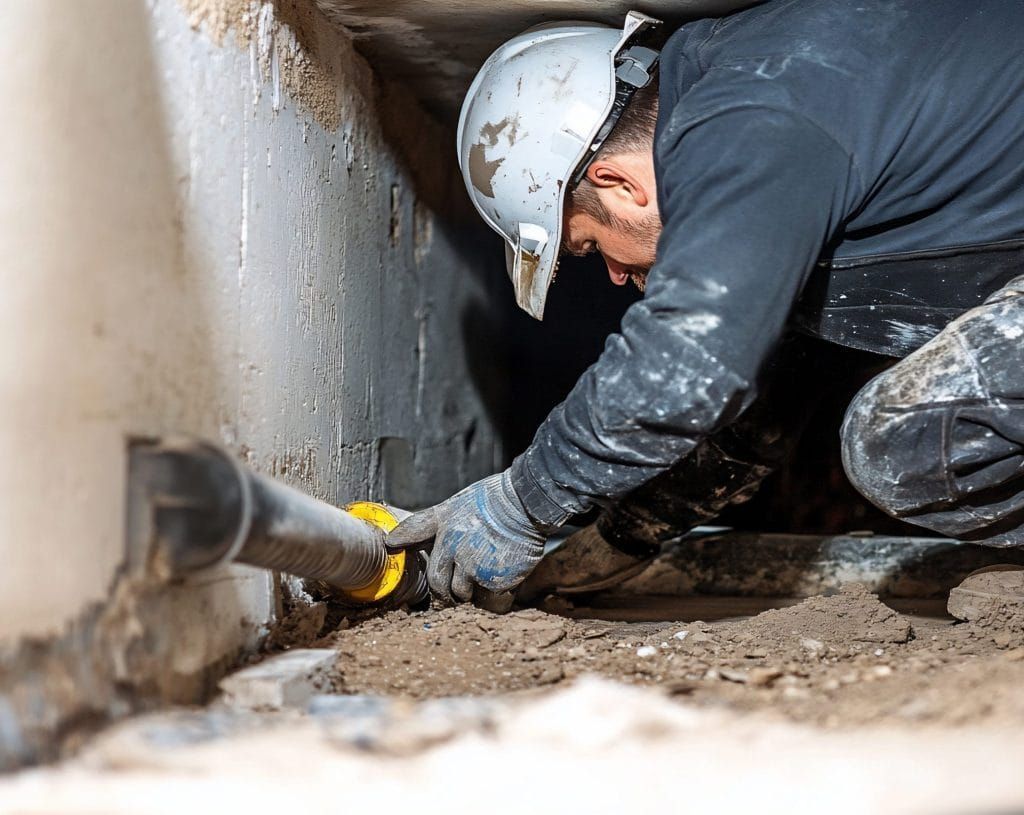 A man wearing a hard hat and gloves is working in a basement.