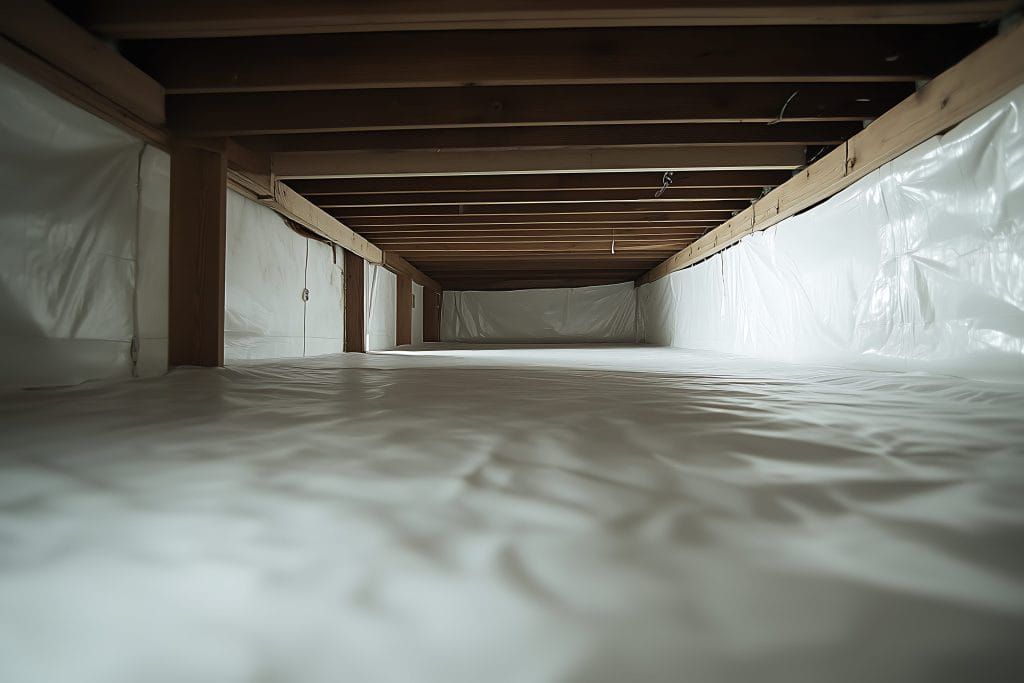 Looking down into a basement filled with plastic and wooden beams.