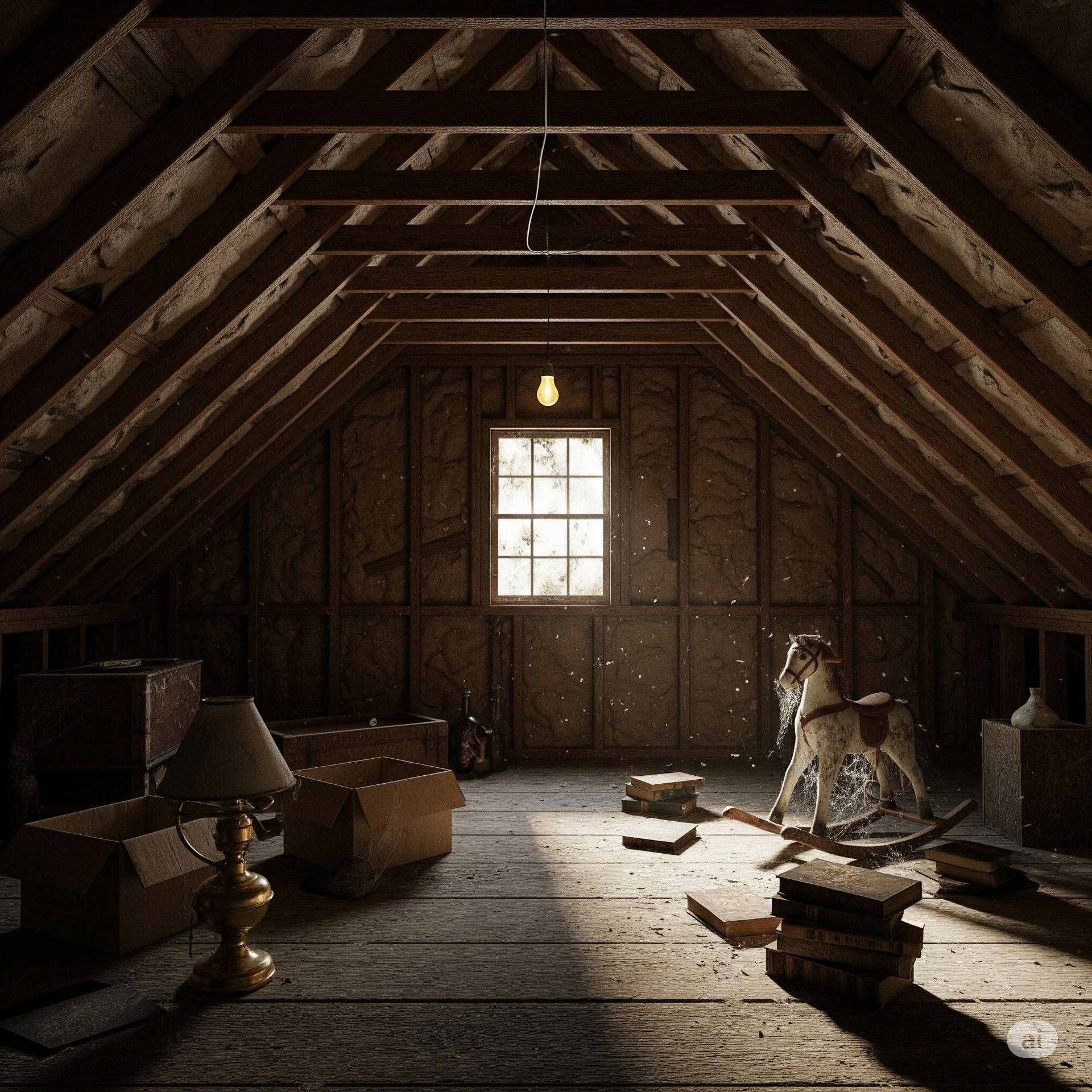 Dusty attic with a rocking horse, cardboard boxes, and a window with sunlight.
