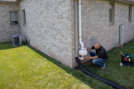 A man is installing a Radon mitigation system on the side of a brick house.