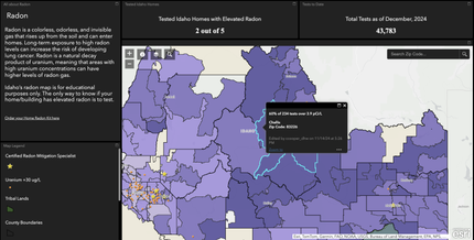 a map of Southern Idaho shows radon levels color coded by zip code