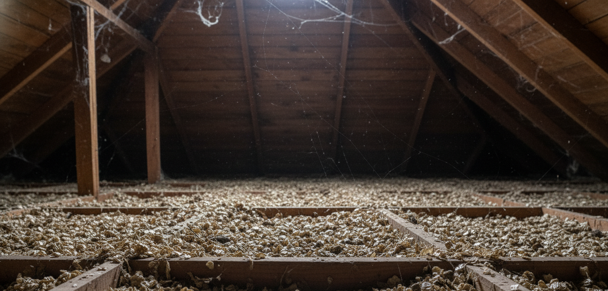 Attic interior with wooden beams, insulation, and dim lighting.