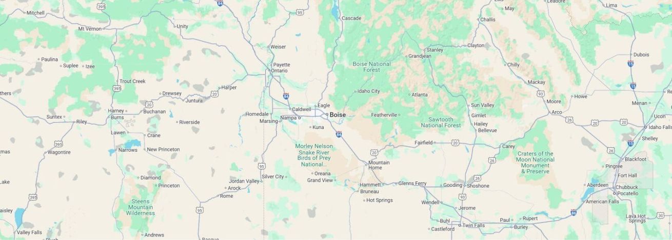 A partial map of Idaho showing highways  and mountains.