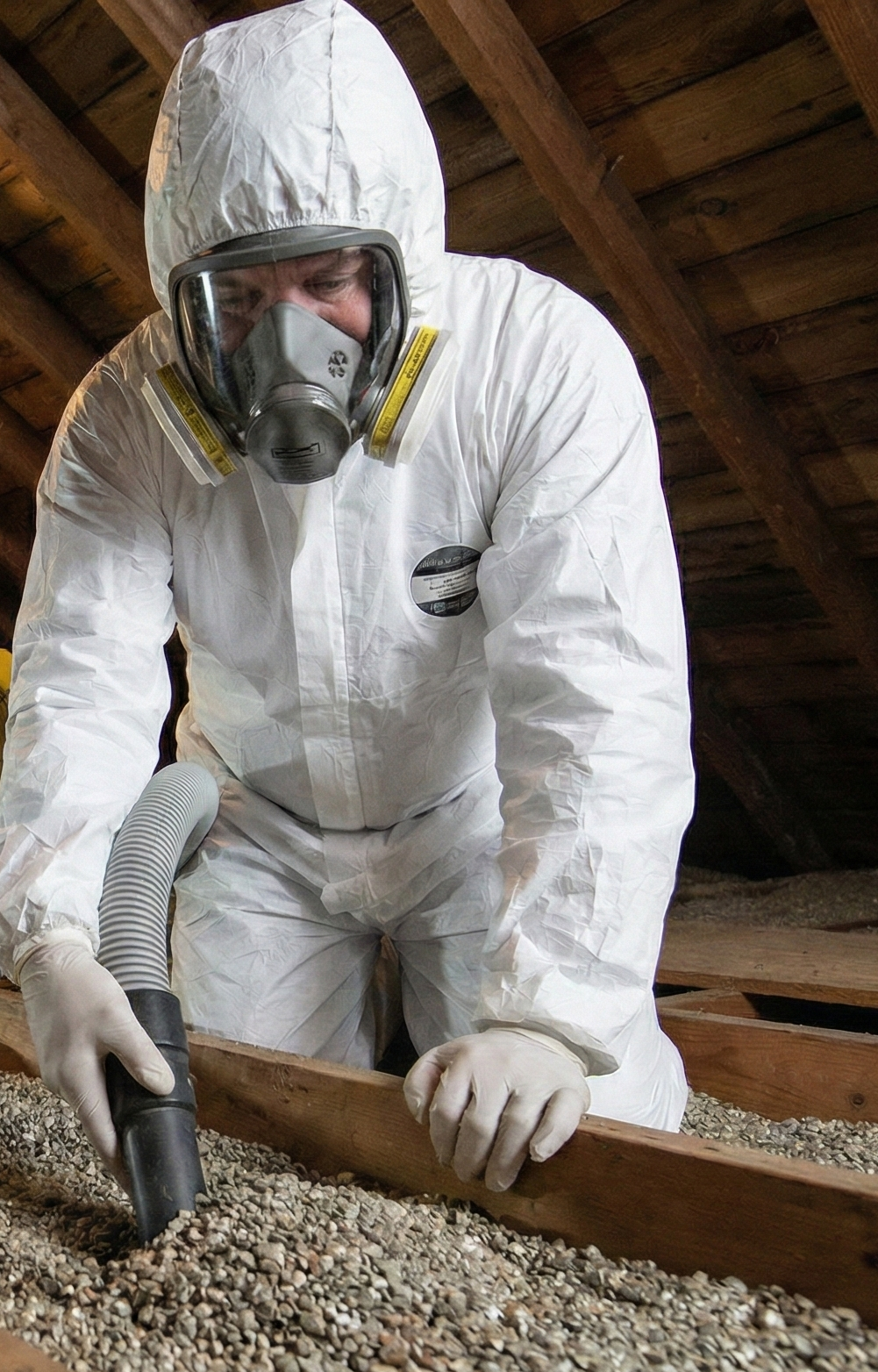 A man in a protective suit is cleaning the floor of a building with potential asbestos.