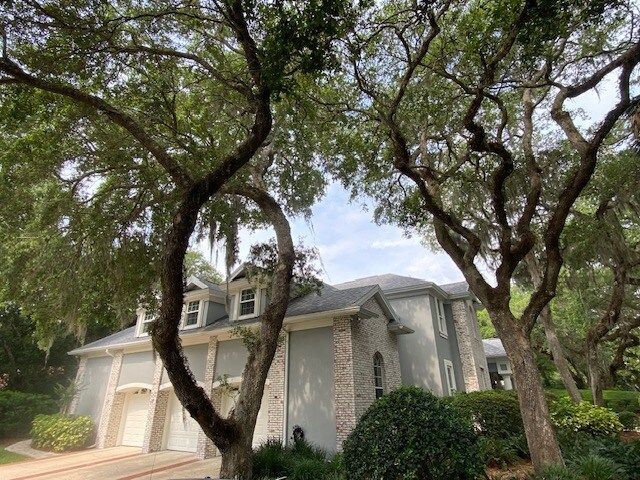 A house with a lot of trees in front of it.