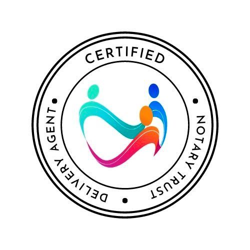 Certified Notary Trust Delivery Agent seal with stylized family emblem.