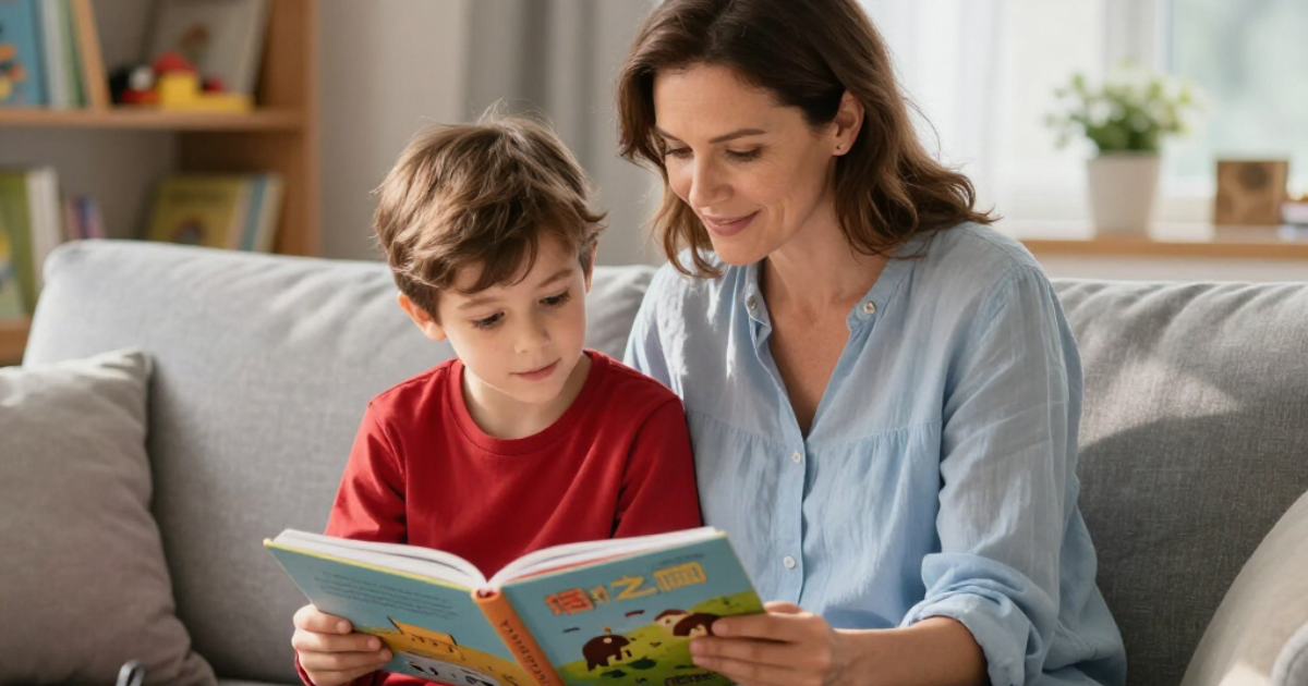 Woman reading a book with a child on a sofa, inside. They both are looking at the book.
