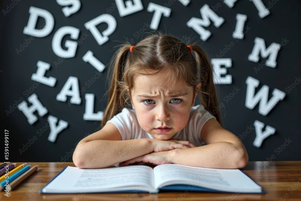 Girl with pigtails frowning at open book on table; letters in background.