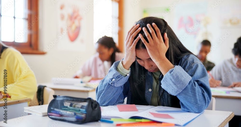 Student in a classroom with hands on head, looking down at a paper, appearing stressed.