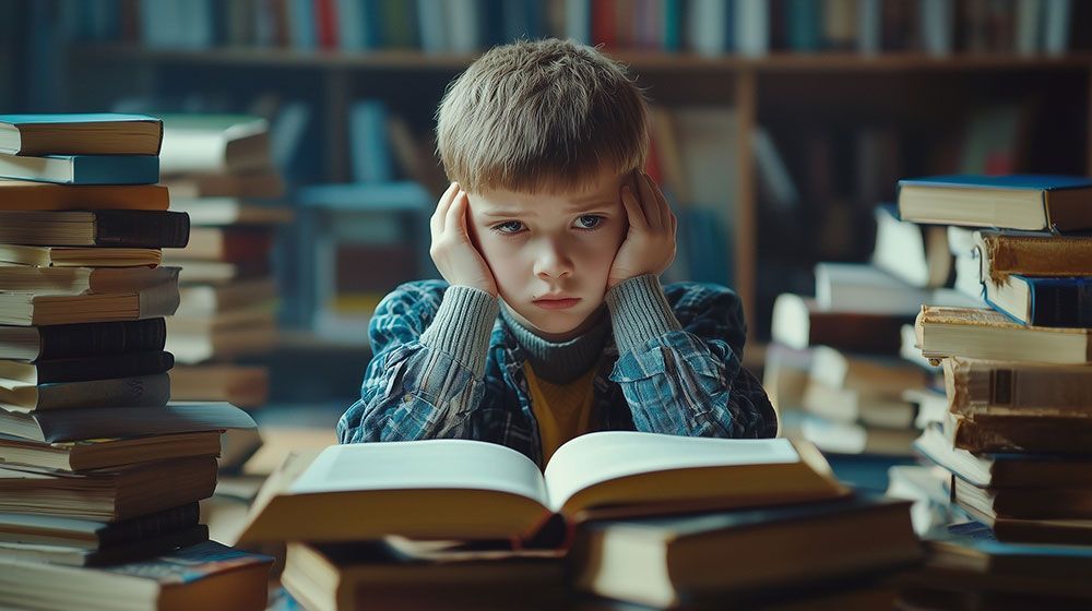 Boy surrounded by books, looking frustrated, holding his head. He sits in a library setting.