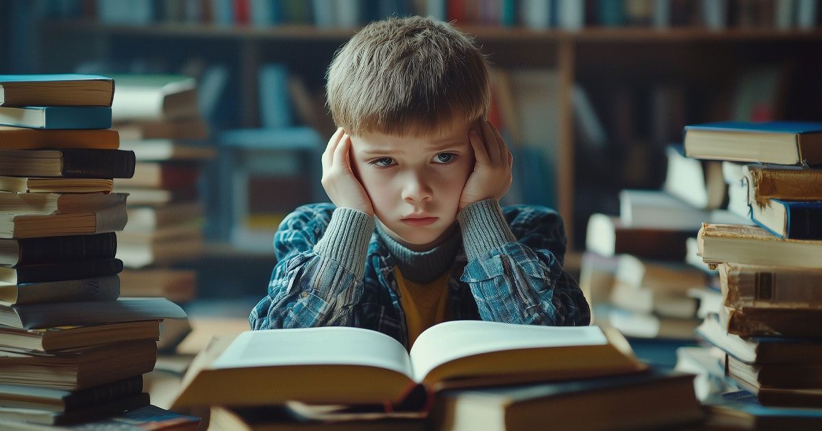 Boy with hands on head, surrounded by books in a library, looking frustrated.