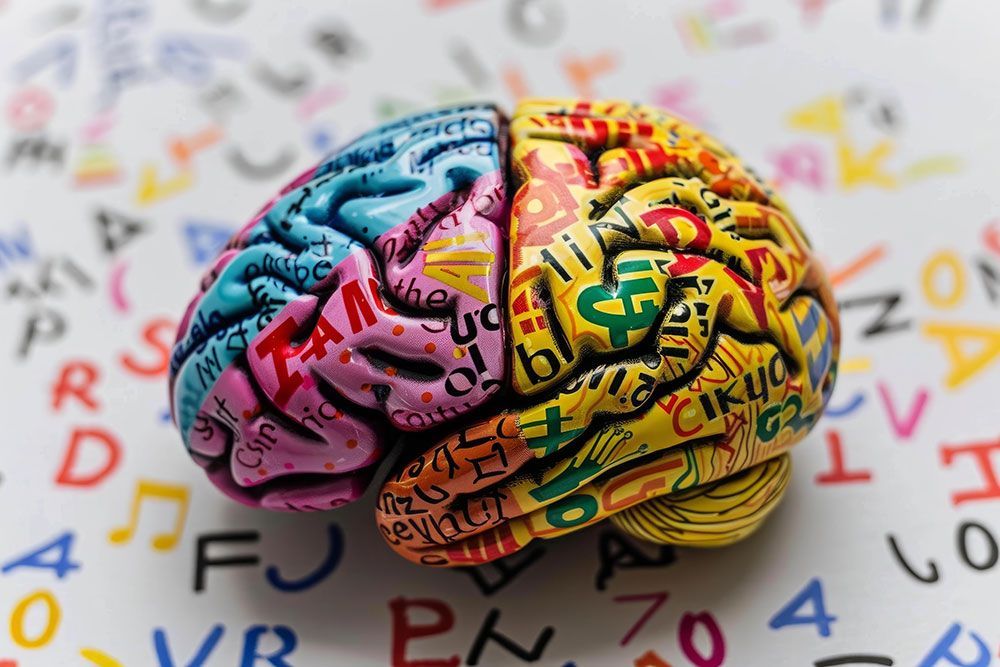Colorful model of a brain, with each hemisphere painted in vibrant hues and covered in letters.