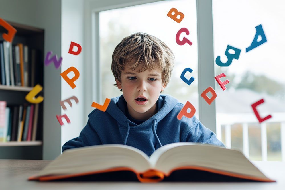 Boy reading book with floating colorful letters, indoors.