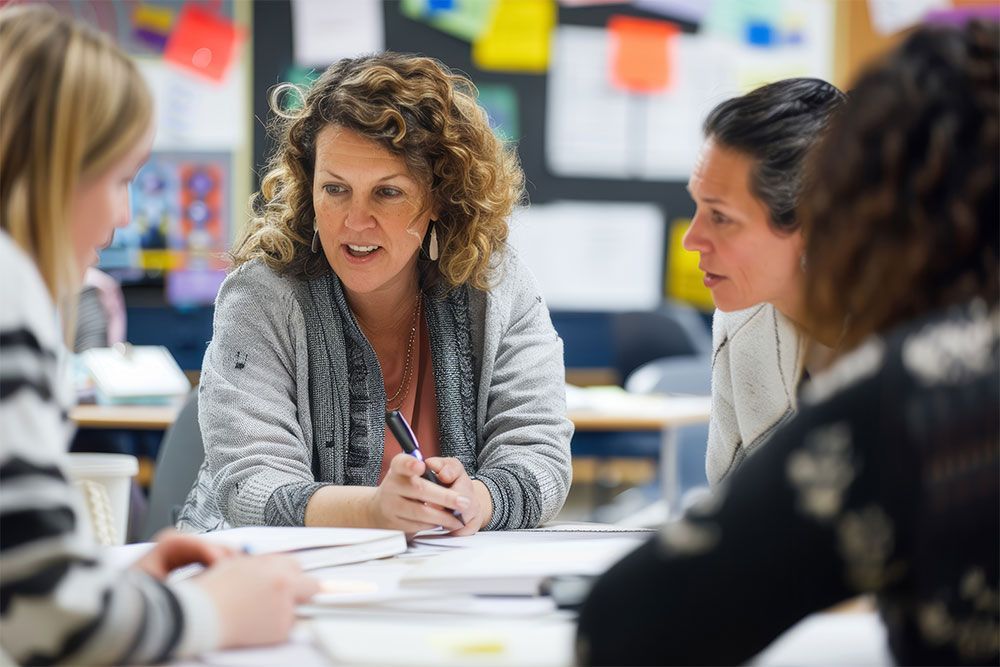 Four people in a meeting, around a table, one woman with curly hair is talking, others listening, pens and papers visible.