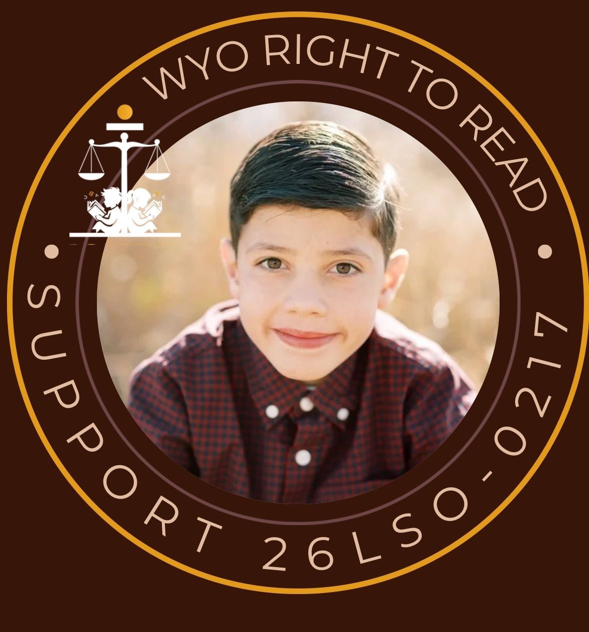 Wyoming Right to Read logo with boy, scale of justice, and text. Brown and gold tones.