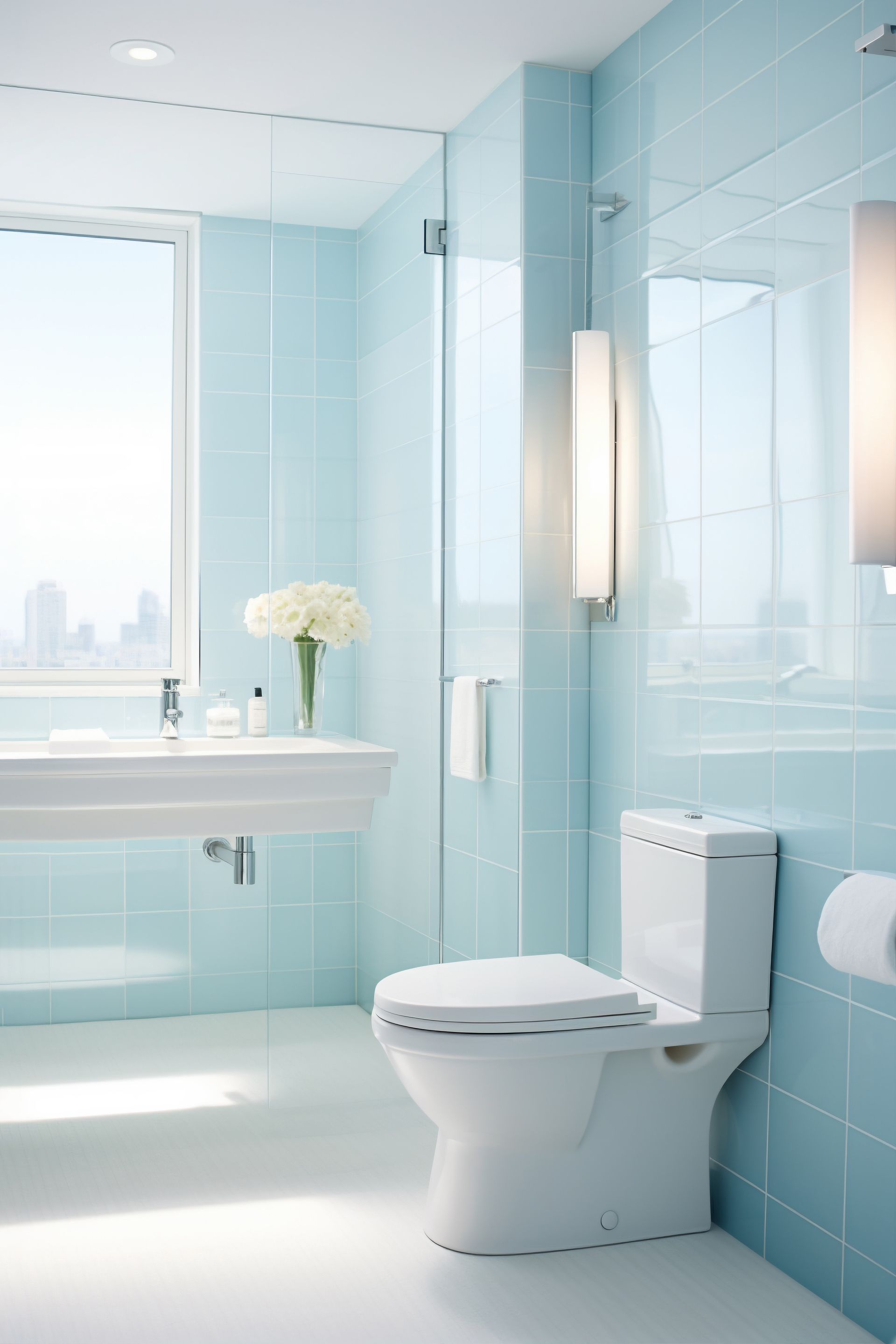 Light blue bathroom with a white toilet, sink, and large window.