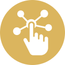 A hand is pointing at a network of dots in a circle.