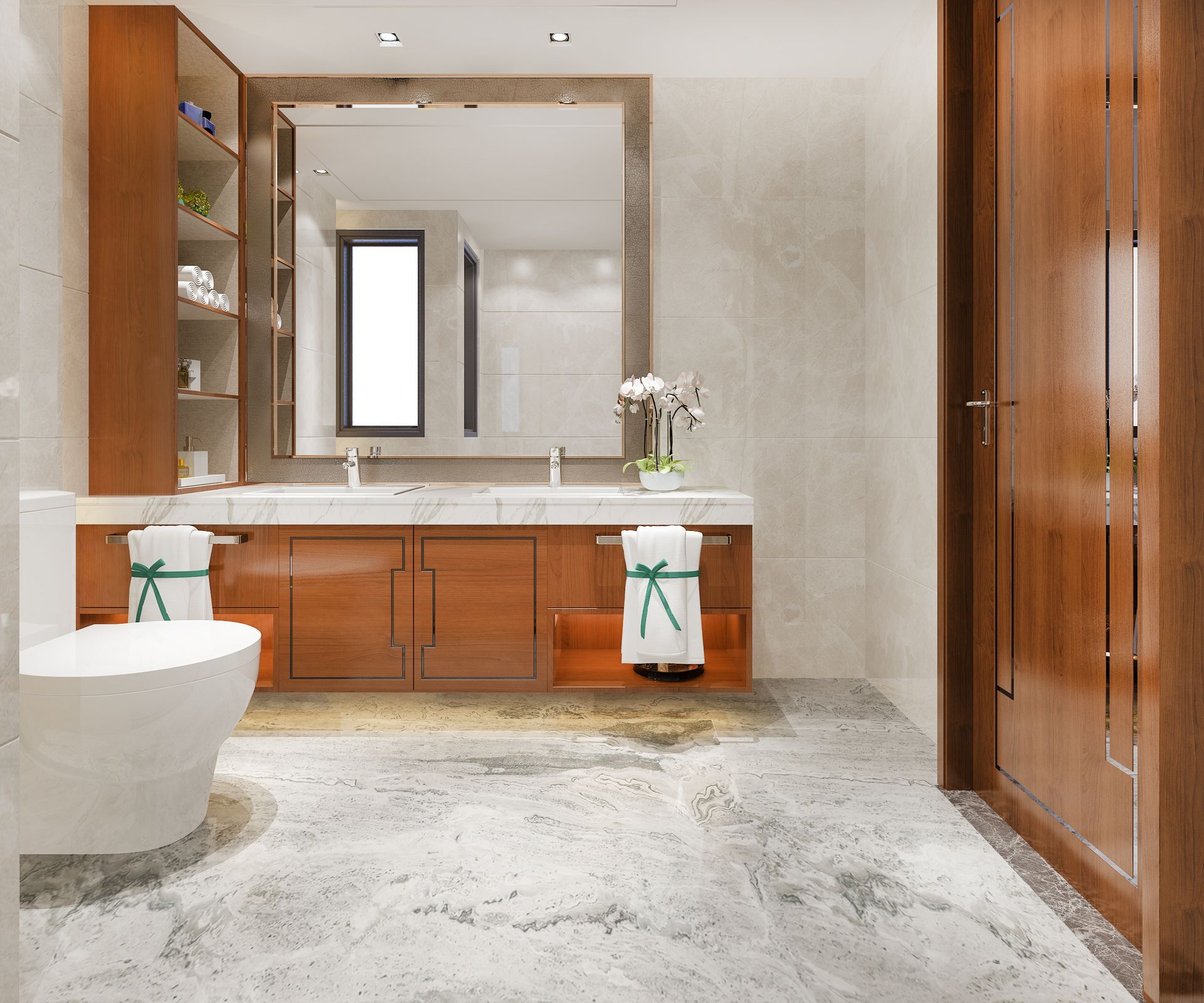 Modern bathroom with wooden cabinets, large mirror, toilet, and marble flooring.
