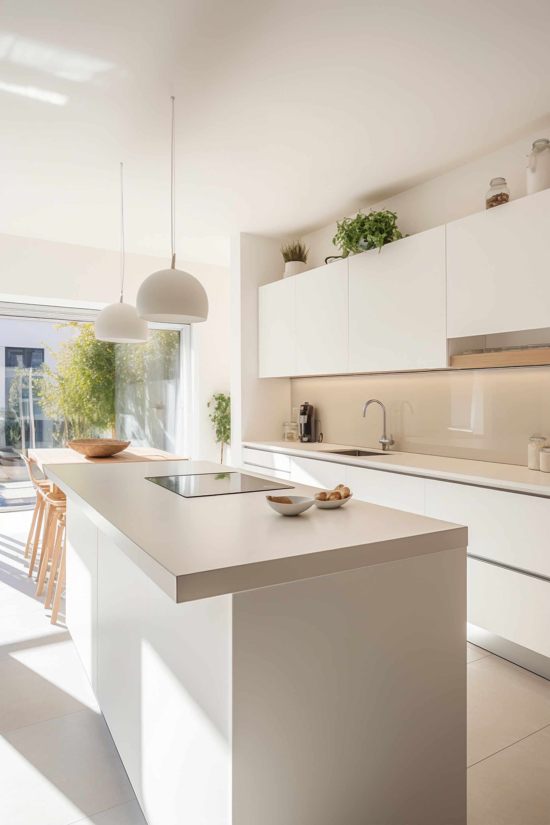 Modern white kitchen with island, pendant lights, and large window.