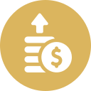 A gold circle with a dollar sign and an arrow pointing up.