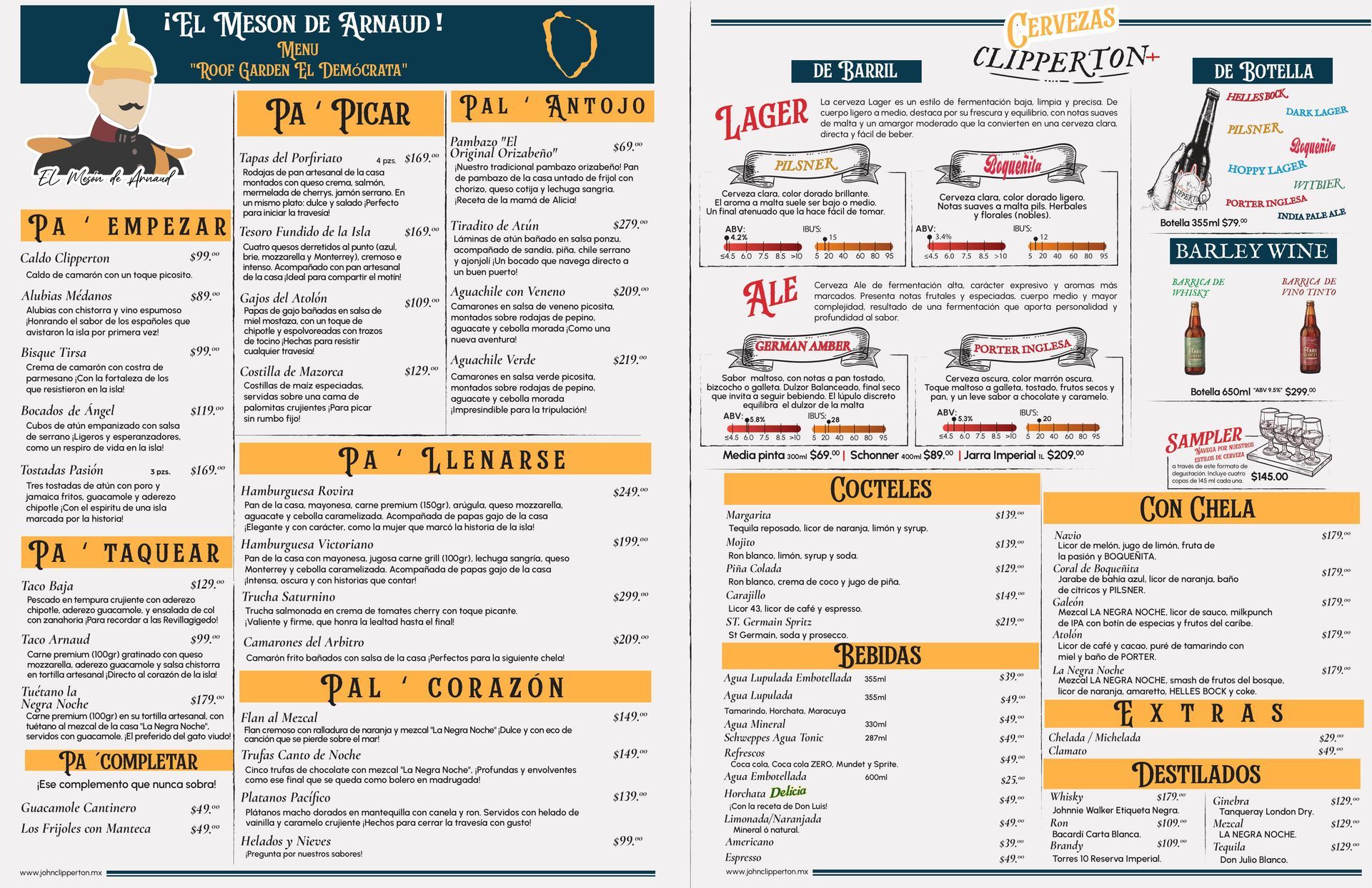 Un menú de restaurante de dos columnas titulado 