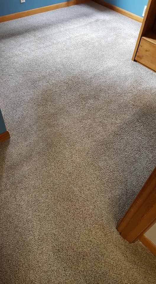Tan carpet in a room with blue trim and wooden furniture.