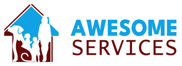 Logo with a house shape, dog, people, and the text "Awesome Services".