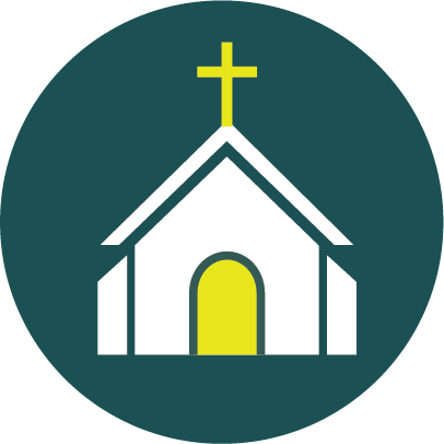 In-person service icon - green and yellow church building icon in a circle