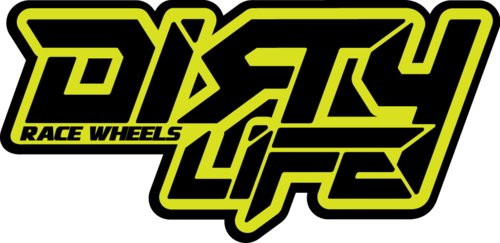 A black and yellow logo for dirty life race wheels