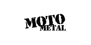 A black and white logo for moto metal on a white background