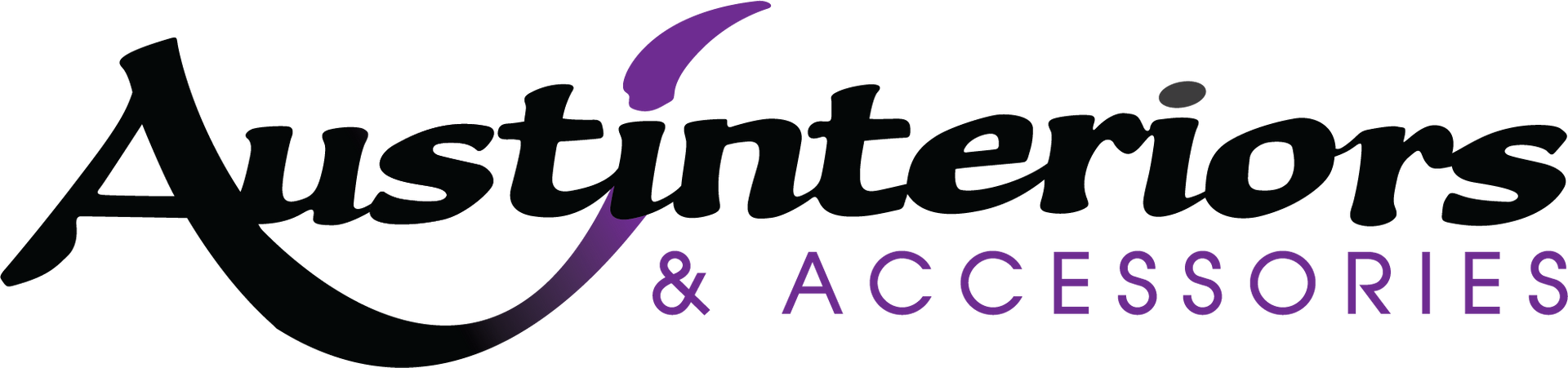 The logo for austin interiors and accessories is black and purple.
