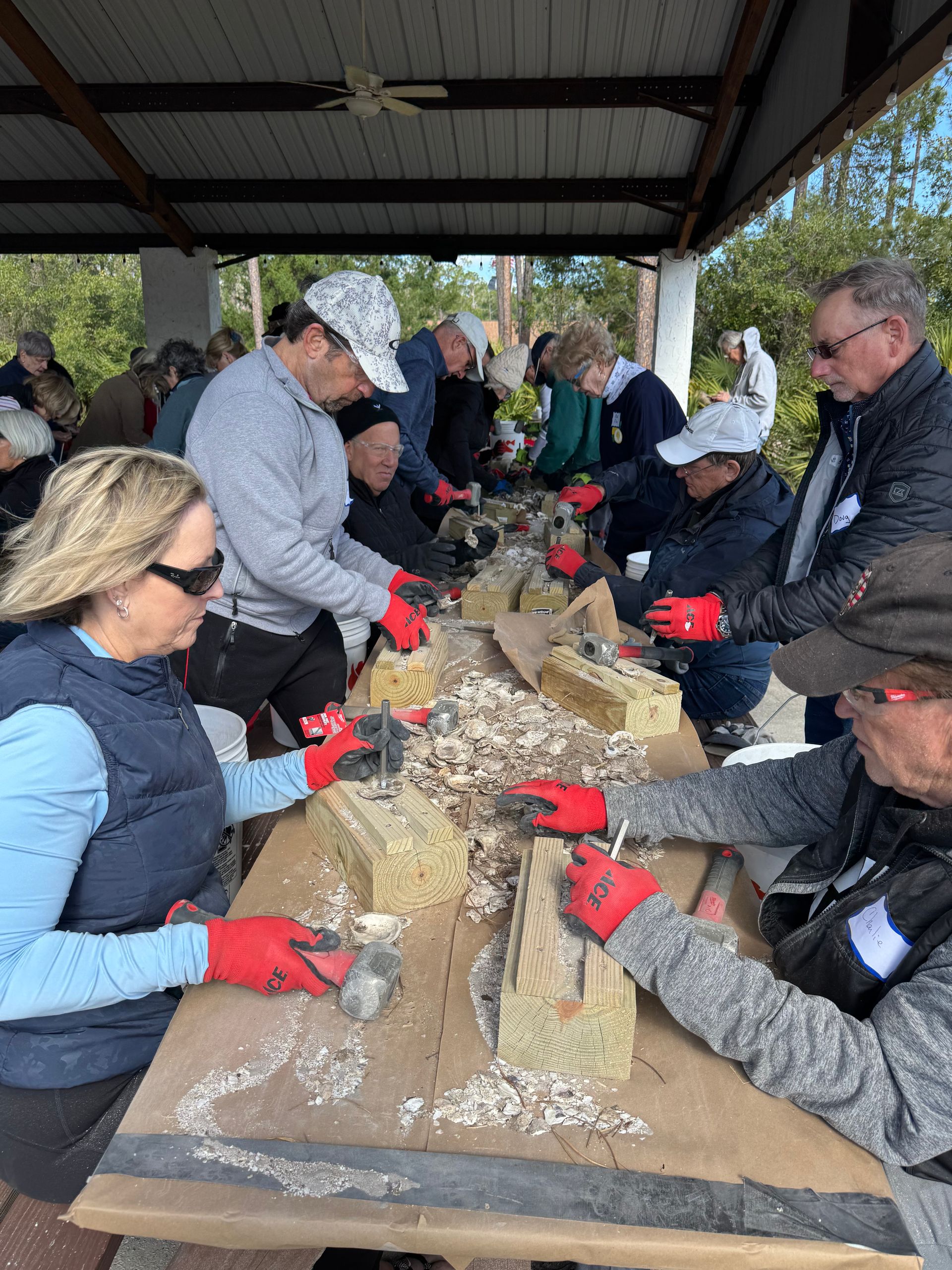 A group of people are sitting at a table working on a project.