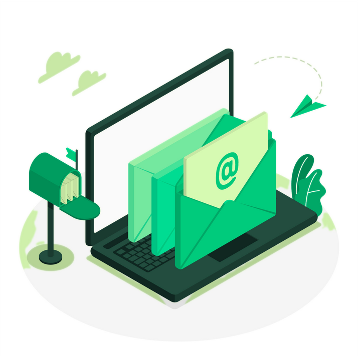 An isometric illustration of an envelope coming out of a laptop.